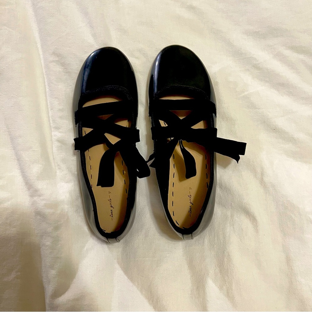 Zara Girls Black Patent Ballerina Shoes Sz-37